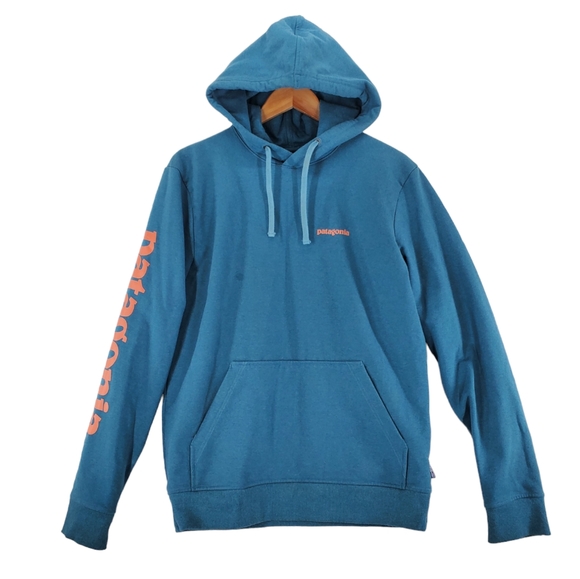Patagonia Uprisal Hoodie Sweatshirt Men M Regular Fit Teal Pullover Orange Logo - Picture 13 of 14